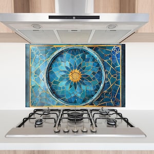 Mosaico de mandala azul de vidrio templado para salpicadero de cocina, arte decorativo para la pared de la estufa, protección moderna para azulejos resistente al calor