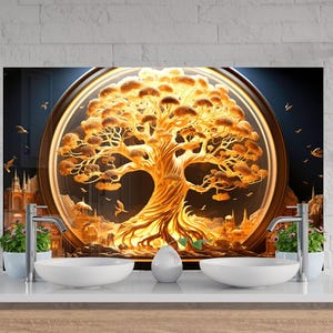Tempered Glass Backsplash, Life of Tree Backsplash, Gold Tree Backsplash for Kitchen Splashback for Stove Back Cover, Gold Backsplash