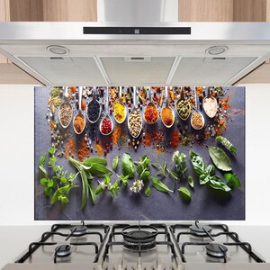 Tempered Glass Backsplash Kitchen Spoon Spice Backsplash, Stove Backsplash for Kitchen Splashback for Stove Back Cover, Herbs Backsplash