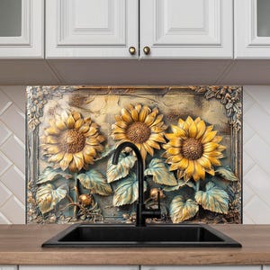 Paraschizzi da cucina in vetro temperato a forma di girasole – Paraschizzi da cucina con motivo floreale rustico, pannello decorativo da cucina resistente al calore