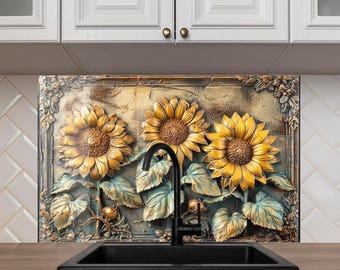 Sunflower Tempered Glass Kitchen Backsplash – Rustic Floral Stove Splashback Wall Art, Heat Resistant Decorative Kitchen Panel
