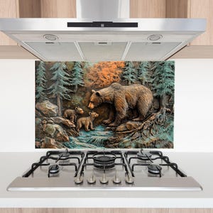 Bear Family glazen achterwand, spatscherm keuken gehard glas voor kachelmuur, rustieke hut lodge wildlife decor, eenvoudig schoon te maken