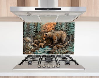 Bear Family Glass Backsplash Panel, Tempered Glass Kitchen Splashback for Stove Wall, Rustic Cabin Lodge Wildlife Decor, Easy Clean