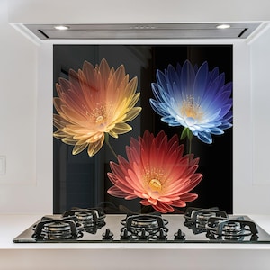 Tempered Glass Backsplash, Flower Backsplash, Stove Backsplash for Kitchen Floral Splashback for Stove Back Cover, Botanical Backsplash