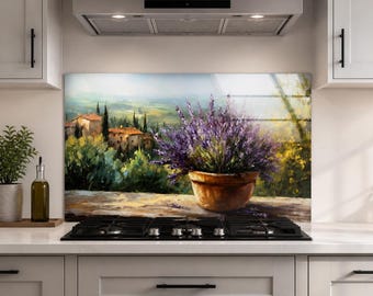 Lavender Pot Tempered Glass Backsplash, Tuscan Inspired Countryside Kitchen Splashback, Mediterranean Landscape Stove Panel