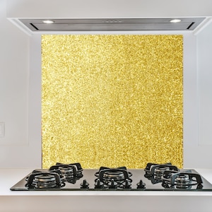 Tempered Glass Backsplash Kitchen Golden Backsplash, Stove Backsplash for Kitchen Gold Splashback for Stove, Gold Sparkle Backsplash