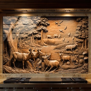 Rustikale Hirschwaldszene Backsplash-Fliesenglaskunst - Woodland Wildlife Küchendekor, gehärtetes Glas Herdplatte