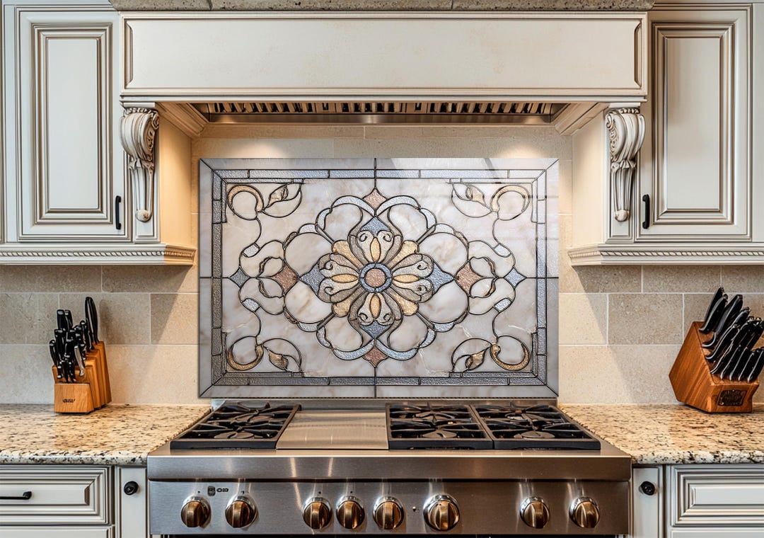 Neutral Kitchen Splash Back Neutral Floral Stained Glass Backsplash Tile , Rustic Tempered Glass ...