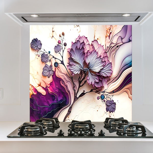 Kitchen Glass Floral Splashback-Tempered Glass Flower Backsplash Tile Leaves Backsplash Tiles-Cooker Panel Waterproof-Purple Stained Tiles