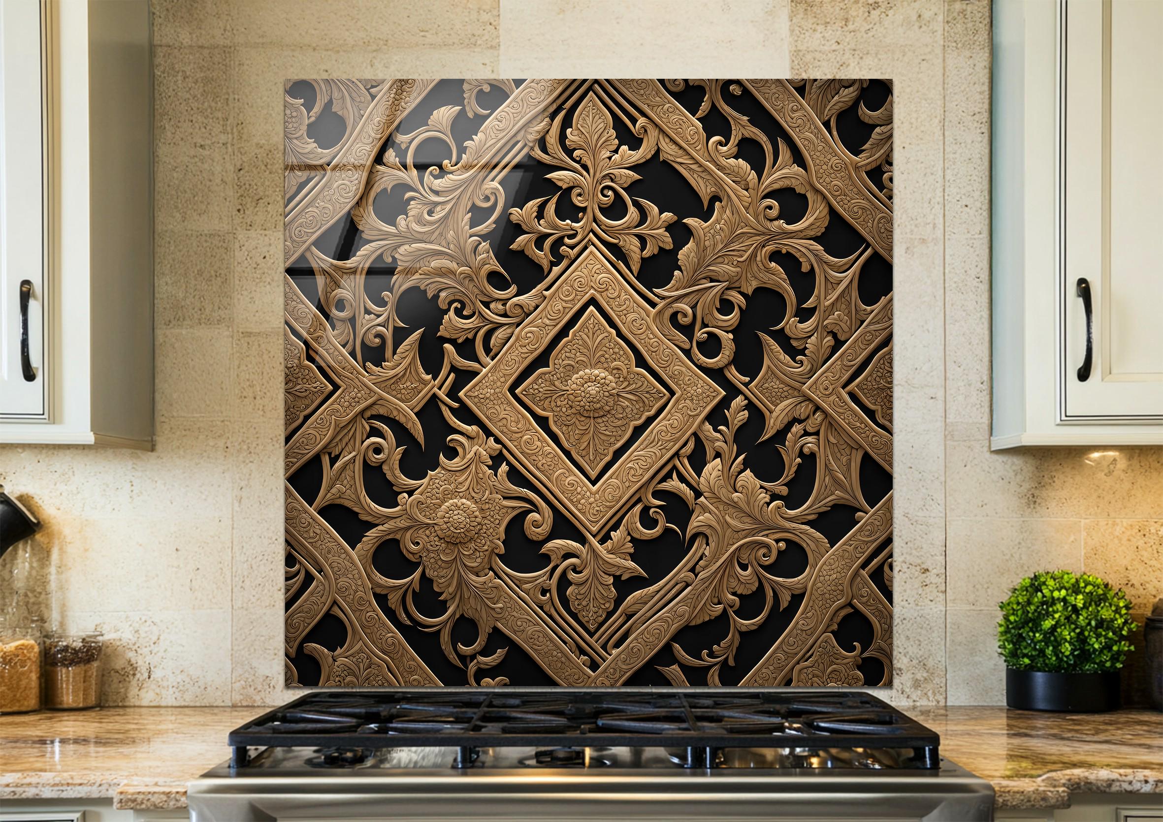 Luxury Gold Pattern Glass Backsplash – Ornate Kitchen Splashback Panel ...
