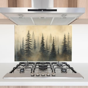 Forest Pine Tree Tempered Glass Backsplash: Custom Size Available