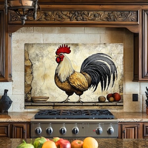 May include: A kitchen backsplash featuring a detailed painting of a rooster with a red comb, yellow and brown feathers, and a black tail. The rooster stands against a textured, aged background with a stone wall. The kitchen has wooden cabinets and a stainless steel stove.