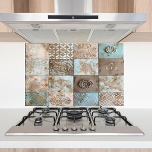 Salpicadero de cocina de vidrio templado con diseño patchwork vintage: protector contra salpicaduras de estufa estilo azulejo decorativo, arte de pared rústico, panel resistente al calor
