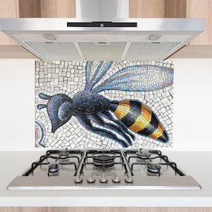 Bee Mosaic Kitchen Backsplash – Colorful Artistic Bee Design Printed on Tempered Glass Wall Panel