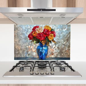 Stained Roses Tempered Glass Backsplash: Floral Mosaic Stove Cover