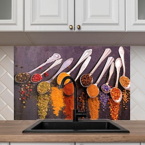 Tempered Glass Backsplash Red Pepper Backsplash Spoon Spices Backsplash for Kitchen Splashback for Stove Back Cover, Herbs Backsplash