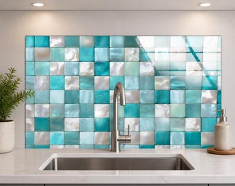 Turquoise Mosaic Effect Tempered Glass Backsplash, Mother of Pearl Style Aqua Tile Kitchen Splashback, Coastal Stove Panel