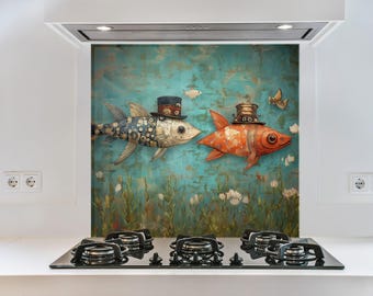 Whimsical Fish Tempered Glass Kitchen Backsplash – Artistic Vintage Style Stove Cover Splashback Wall Art Panel
