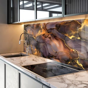 Tempered Glass Kitchen Backsplash: Marble Alcohol Ink, Gold Accent