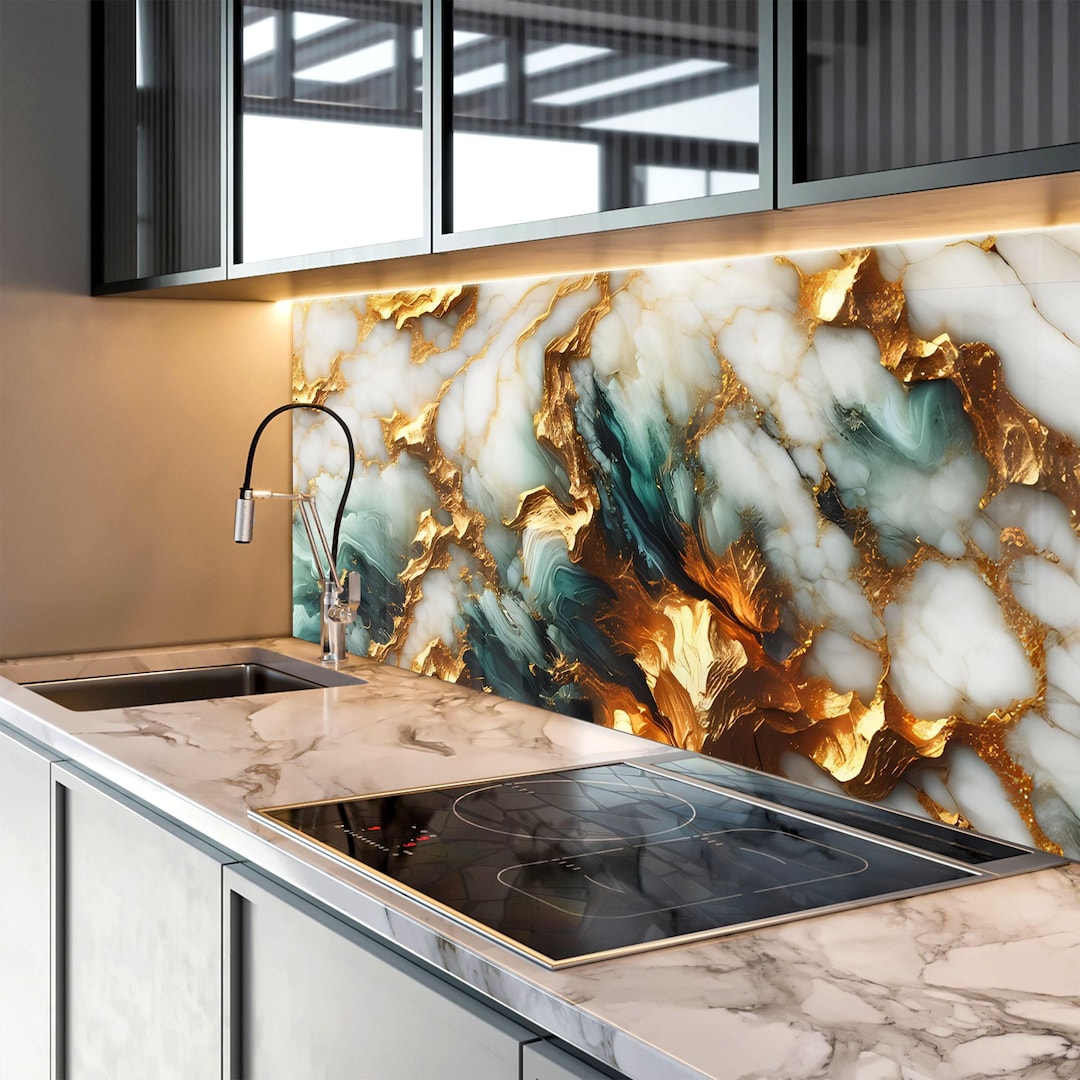 Marble Glass Kitchen Backsplash – Abstract Gold Vein Tempered ...