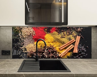 Kleurrijke kruidenlepels keukenachterwand van gehard glas en spatscherm – Hittebestendig kookwandpaneel