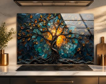 Tree of Life Tempered Glass Backsplash, Teal Stained Glass Style Mosaic, Golden Sun Botanical Kitchen Splashback