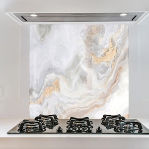Luxury White Gold Marble Tempered Glass Kitchen Backsplash & Splashback – Modern Heat Resistant Stove Wall Panel