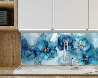 Tempered Glass Kitchen Backsplash, Kitchen Backsplash, Stove Backsplash for Kitchen Splashback for Stove Back Cover, Blue Flower Backsplash