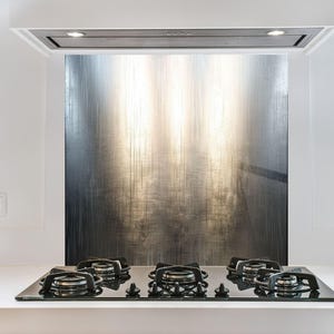 Silver Grey Glass Backsplash Panel, Tempered Glass Kitchen Splashback for Stove Wall, Brushed Metal Look, Easy Clean Wall Protector