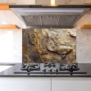 Protector contra salpicaduras de cocina de vidrio templado con textura de piedra, arte de pared rústico neutro para salpicadero de estufa, panel de vidrio resistente al calor para protección de pared.