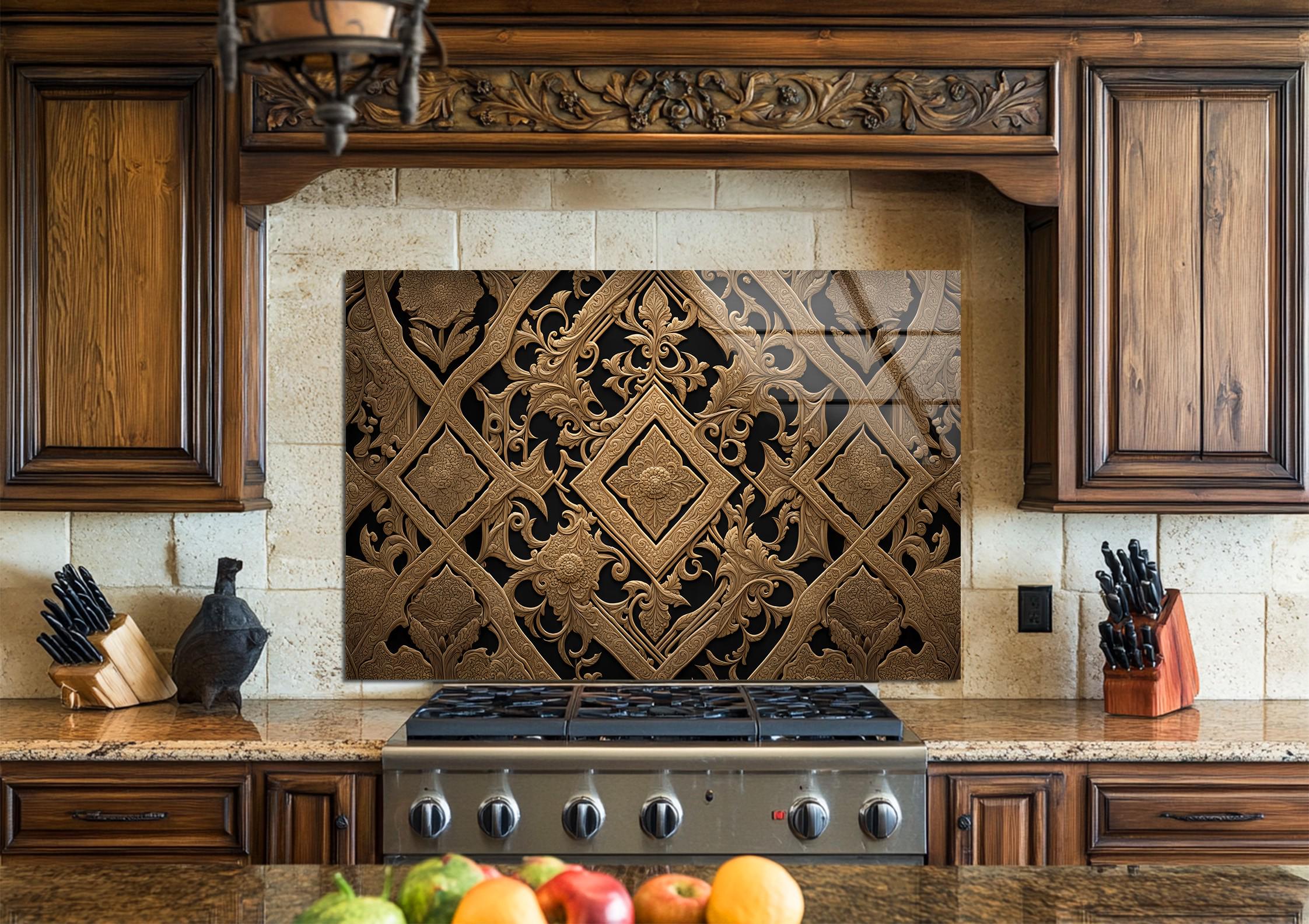 Luxury Gold Pattern Glass Backsplash – Ornate Kitchen Splashback Panel ...