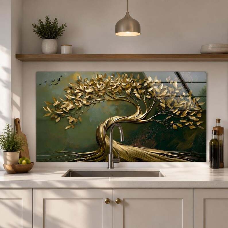 Golden Windswept Tree Tempered Glass Backsplash, Olive Green Botanical ...