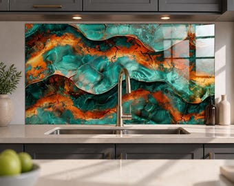 Turquoise Copper Look Tempered Glass Backsplash, Abstract Teal Rust Crack Effect, Modern Kitchen Splashback Panel