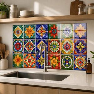 Ornamental Medallion Tile Tempered Glass Backsplash, Colorful Floral Patchwork Kitchen Panel with Painted Ceramic Effect