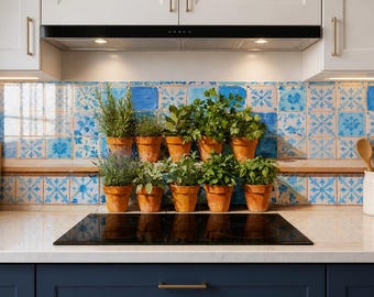 Potted Herb Garden Tempered Glass Backsplash, Terracotta Pots, Blue Tile Kitchen Splashback, Botanical Stove Panel