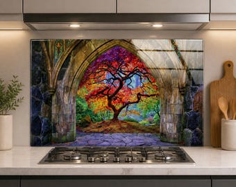 Ancient Stone Arch Tempered Glass Backsplash, Vibrant Autumn Tree Fantasy Garden, Colorful Woodland Kitchen Splashback