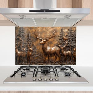 Tempered Glass Backsplash-Deer Backsplash-Deer Splashback Backsplash for Bathroom-Pine Tree Splashback for Stove Back Cover-Deer Backsplash
