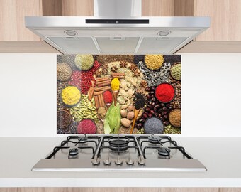 Kleurrijke kruidenlepels keukenachterwand en spatscherm van gehard glas – Kookkruiden muurkunst, hittebestendig fornuispaneel