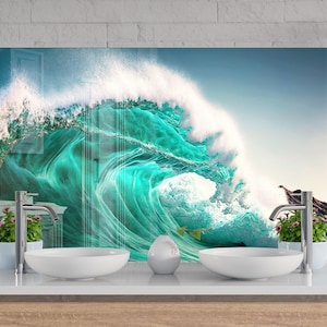 Ocean Wave Tempered Glass Backsplash: Kitchen & Stove Cover