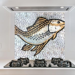 Mosaic Fish Tempered Glass Kitchen Backsplash – Coastal Stove Splashback Wall Art, Heat Resistant Sea Life Kitchen Decor