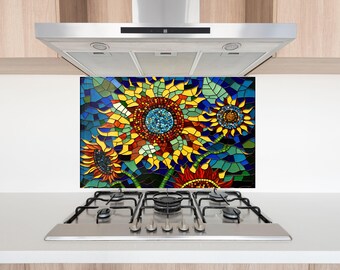 Sunflower Mosaic Tempered Glass Kitchen Backsplash – Rustic Floral Stove Splashback Wall Art Heat Resistant Panel