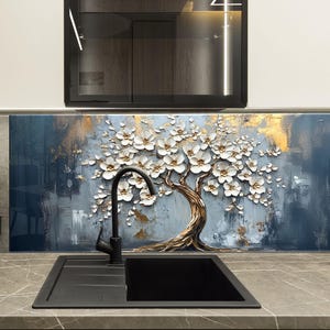 Tempered Glass Backsplash-Gold Tree Backsplash-Stove Backsplash-life of tree Floral Splashback for Stove Back Cover-Backsplash Behind Stove