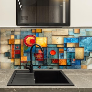 Geometric Tempered Glass Backsplash: Modern Stained Stove Cover, Glass Splashback Tile
