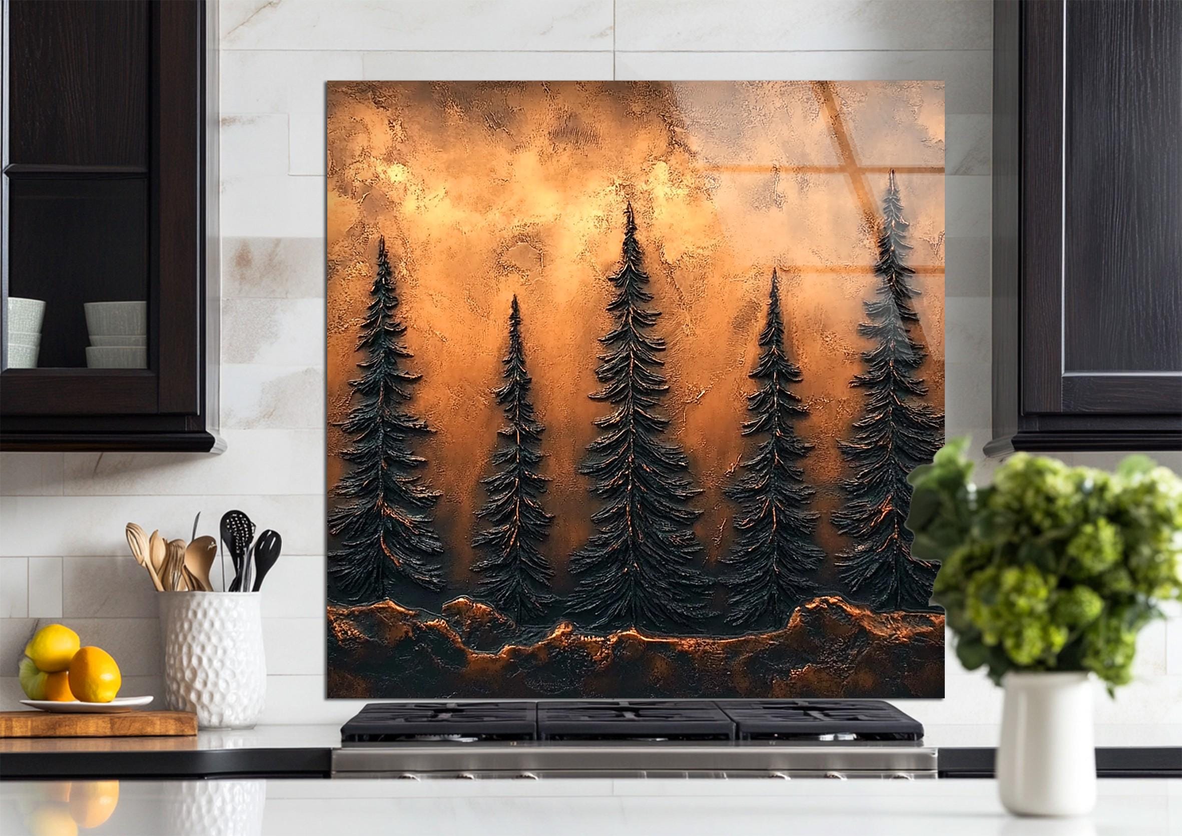 Forest Glass Backsplash Tile, Nature-inspired Kitchen Wall Panel, Pine ...