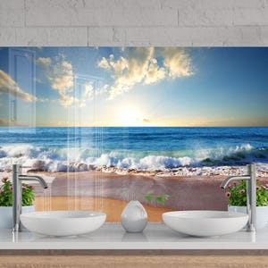Ocean Sunset Tempered Glass Kitchen Backsplash, Beach Backsplash, Ocean Waves Backsplash for Kitchen, Wave Splashback for Stove