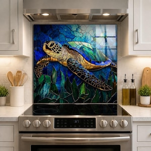 Sea Turtle Glass Backsplash, Bathroom Vanity Splashback Panel, Stained Glass Style Sink Back Panel