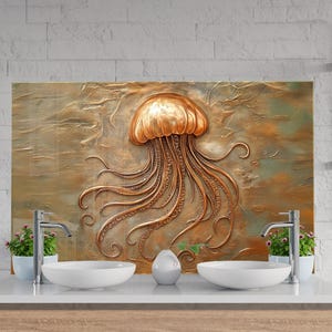 Golden Jellyfish Tempered Glass Splashback Panel, Metallic Ocean Wall Protector for Stove or Vanity, Coastal Remodel Decor