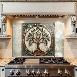 Elegant Tree of Life Glass Backsplash – Bronze Leaf Circle Design, Marble Look Symbolic Kitchen Wall Art Panel