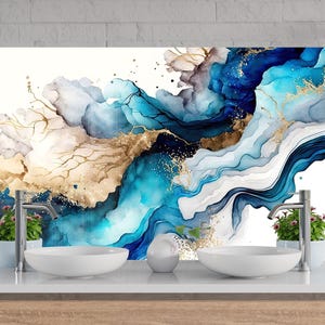 Blue Marble Glass Backsplash Panel, Tempered Glass Kitchen Splashback for Stove Wall, Abstract Navy Gold Swirl Art, Easy Clean
