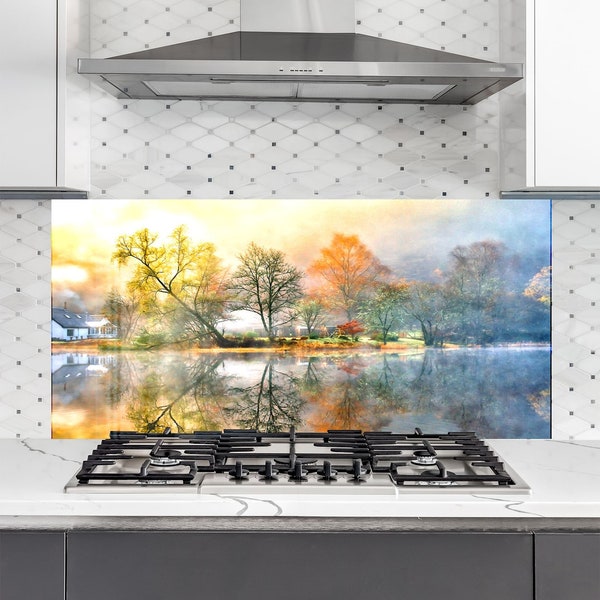 Tempered Glass Backsplash Tile-Lake View Backsplash Tiles-Stove Backsplash for Kitchen Splashback for Stove Back Cover-Landscape Backsplash